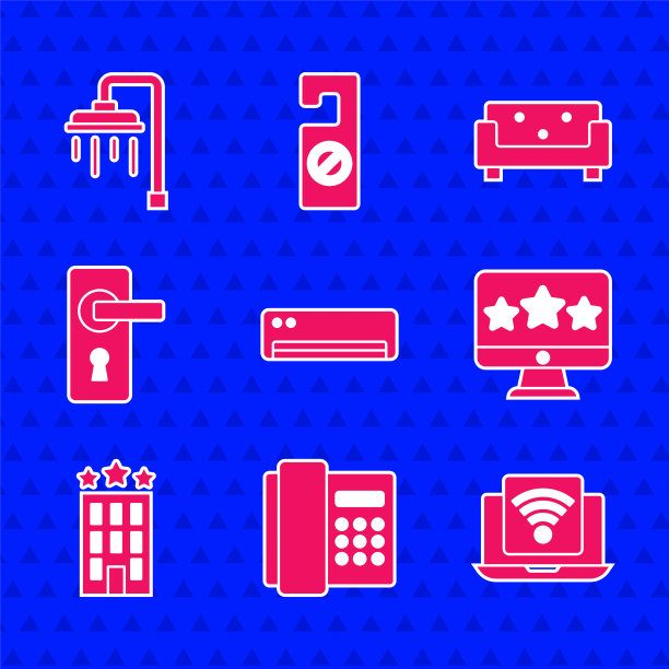 设置空调，手机，无线笔记本电脑，五星评级评论，酒店建筑，门把手，沙发和淋浴图标。向量图片下载
