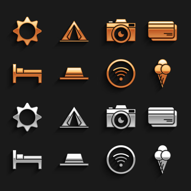 带丝带的男子帽子，信用卡，冰淇淋在华夫饼甜筒，Wi-Fi无线网络，床，相机，太阳和游客帐篷图标。向量图片下载