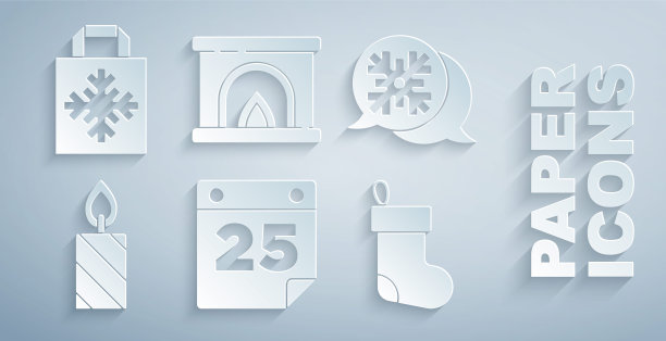 设置日历，雪花演讲泡泡，燃烧的蜡烛，圣诞袜，室内壁炉和购物袋图标。向量图片下载