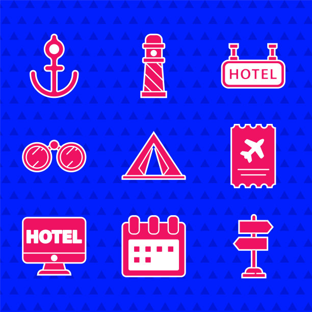 设置旅游帐篷，日历，道路交通标志，机票，在线酒店预订，望远镜，招牌与文本酒店和锚图标。向量图片下载