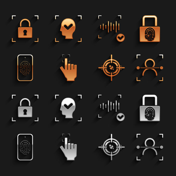 设置指纹，锁，人脸识别，眼睛扫描，移动指纹，声音和图标。向量图片下载