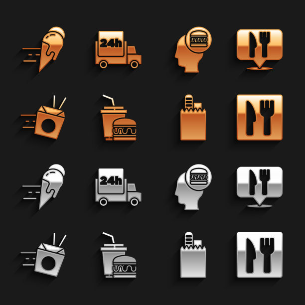 集纸杯和汉堡，咖啡馆餐厅位置，在线订购送货，面条，冰淇淋和快速汽车图标。向量图片下载