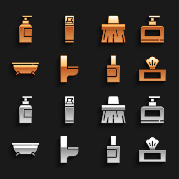 集马桶，洗发水瓶，湿纸巾包，清洁剂，浴缸，扫帚柄，剃须凝胶泡沫图标。向量图片下载