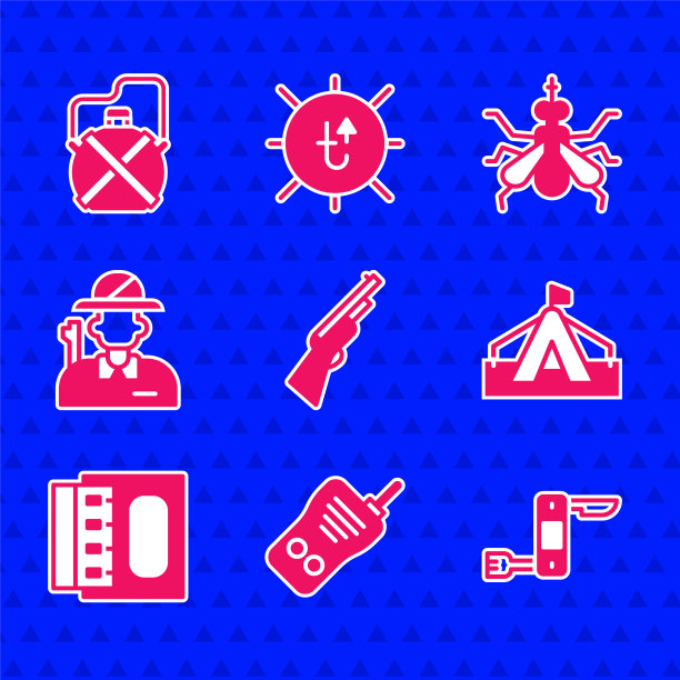 设置猎枪，对讲机，瑞士军刀，旅游帐篷，火柴盒和火柴，猎人，蚊子和水壶水壶图标。向量图片下载