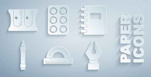 设置量角器，螺旋笔记本，蜡笔绘画，钢笔笔尖，水彩颜料盒和卷笔刀图标。向量图片下载