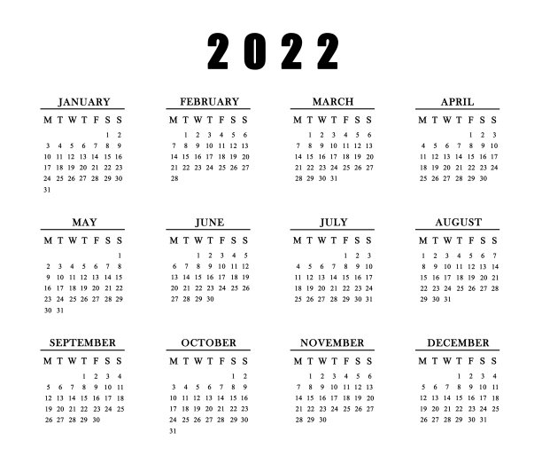 白底2022年日历。2022年日历上有12个月。图片下载