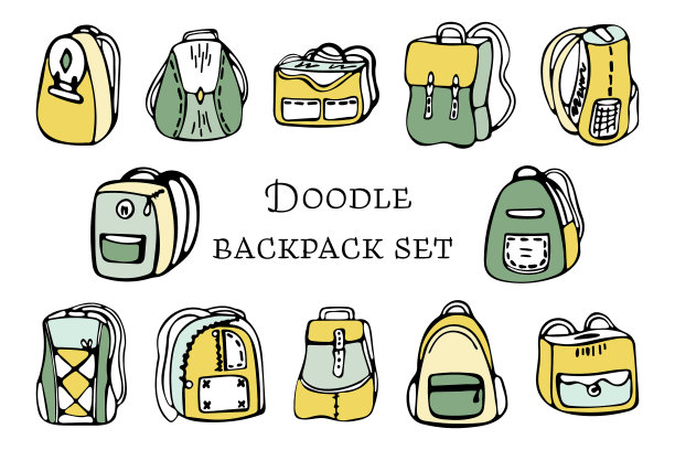 涂鸦背包设置孤立的白色背景图片下载