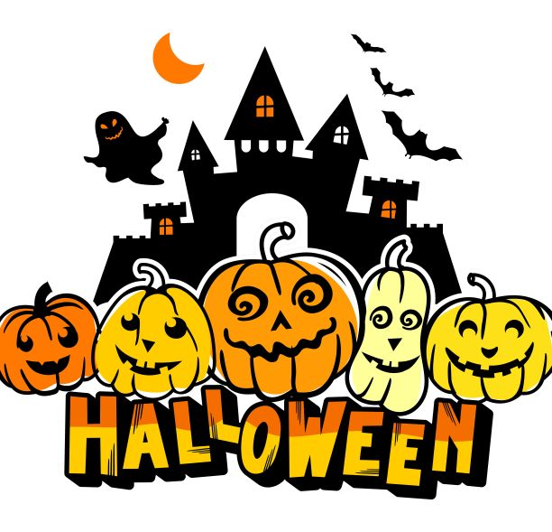 万圣节。庆祝万圣节的海报，白色背景上有鬼魂、南瓜、黑猫和蝙蝠。用于网页设计，明信片，海报，印刷。矢量插图。图片下载