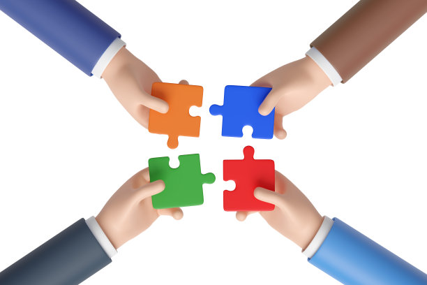 四个卡通手加入一个孤立在白色背景上的谜题。工作团队的概念。3 d演示。图片下载