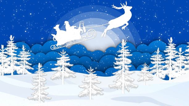 冬季蓝天与雪冬季景观和满月-圣诞老人飞在驯鹿雪橇-圣诞和新年的节日冬季背景图片下载