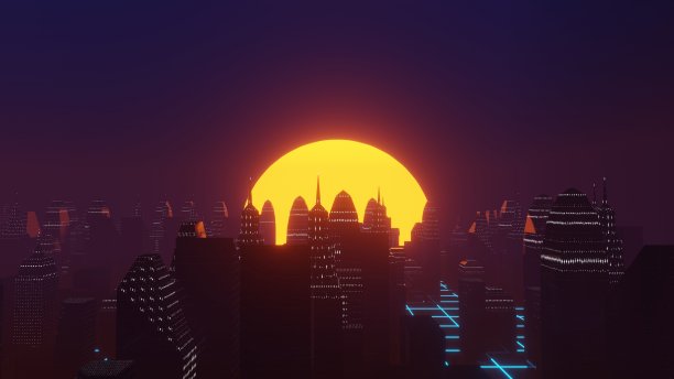 科幻抽象城市景观日落3d插图图片下载