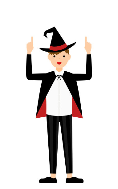 万圣节服装，穿着巫师服装的男孩双手指着图片下载