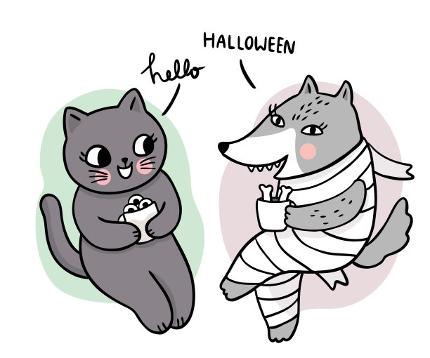 卡通可爱的手绘万圣节黑猫和图片下载