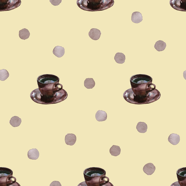 棕色咖啡杯和圆点水彩无缝模式图片下载