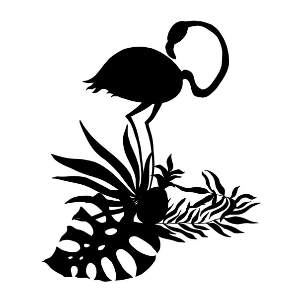 火烈鸟，热带植物的叶子和棕榈树。黑色矢量插图。轮廓。图片下载