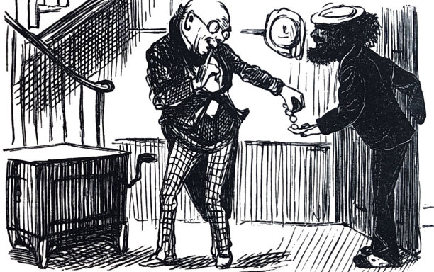 英国讽刺漫画漫画插图-一名男子在一组台阶的底部给另一名男子小费图片下载