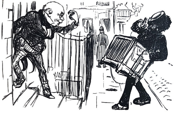 英国讽刺漫画漫画插图-一个人在楼梯上向一个拿着大板条箱的人挥手图片下载