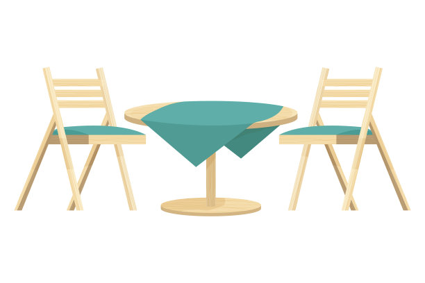 木制圆桌，有台布和两把椅子图片下载