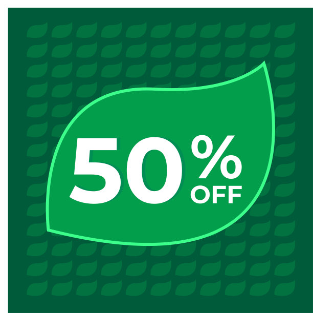 打50%。五折的绿色背景与树叶概念向量。图片下载