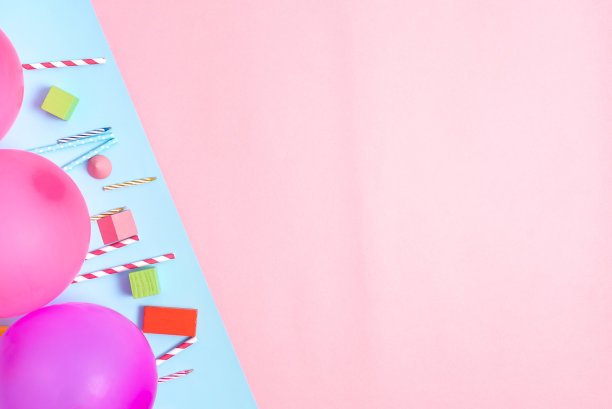 五彩缤纷的生日派对设计明亮的庆祝计划创意新的浮华装饰气球五彩纸屑蜡烛庆祝节日派对需要的设计图片下载