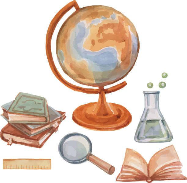 学校用品集剪纸水彩画图片下载