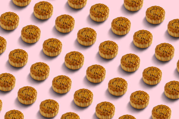 粉红色背景上的自制中国月饼图案图片下载