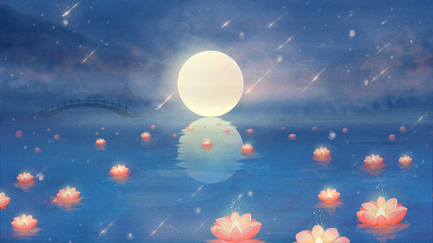 中元节荷花灯场景插画图片下载