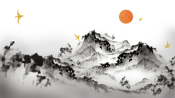 手绘古风水墨烫金山水素材图片