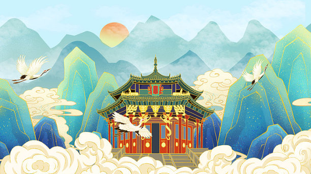 手绘国潮山水风景背景图片下载