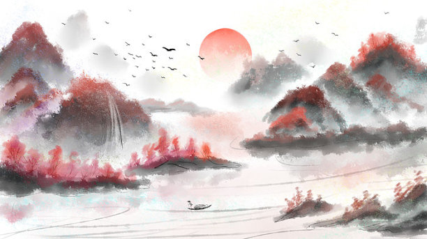 红色秋景枫叶红叶水墨山水插画图片下载