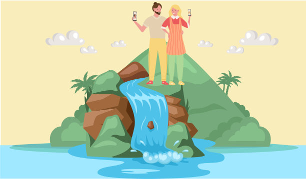 一对情侣在山上的湖边自拍图片下载