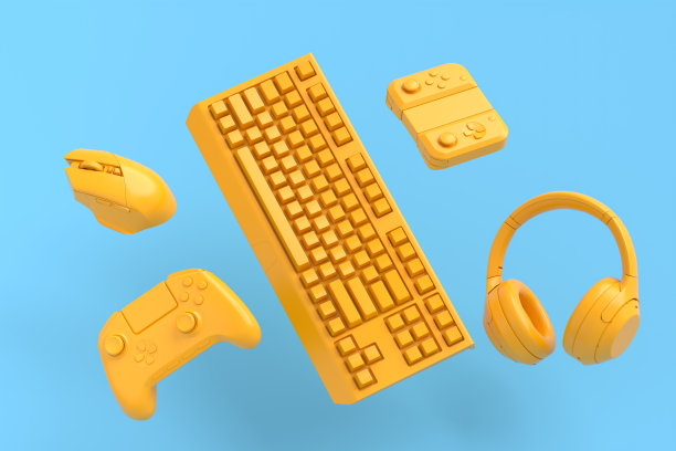 飞行游戏的齿轮，如鼠标，键盘，操纵杆，耳机在蓝色和黄色图片下载