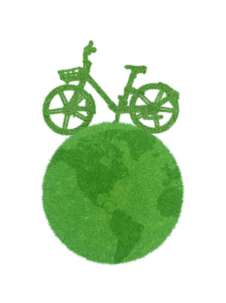 绿色自行车在白色背景上孤立的星球上行驶。图片下载