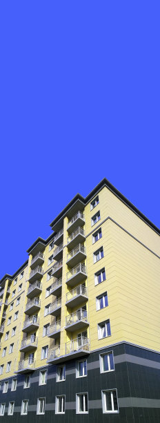 房子出售旧货。公寓租赁物业模板。蓝色背景上的新住宅楼。副本的空间。房地产。抵押贷款和利率概念。垂直的旗帜。租公寓。布局图片下载