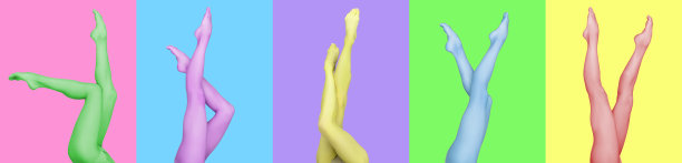 拼贴与细长的女性腿在彩色尼龙紧身衣孤立在明亮的五彩背景。美的概念，时尚，广告。图片下载