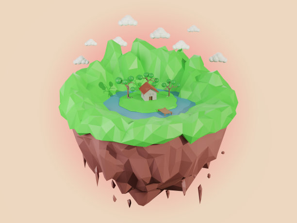 春季天空岛3D渲染。低多边形几何自然岛屿。低聚的风格。背景设计旗帜，海报，传单，封面，小册子。图片下载