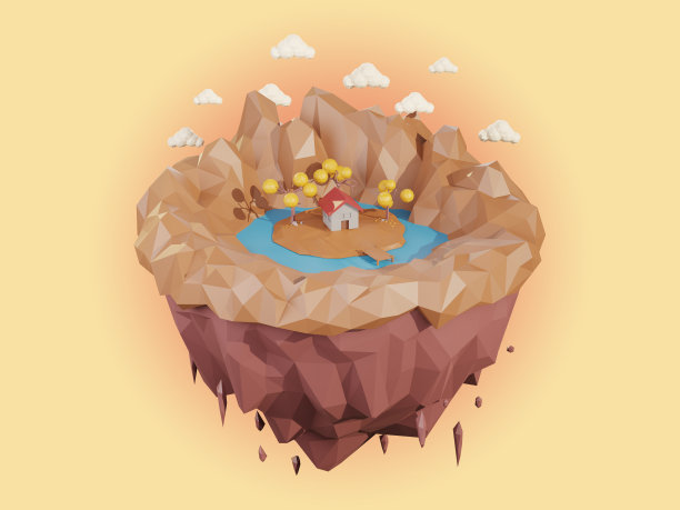 秋天的天空岛3D渲染。低多边形几何自然岛屿。低聚的风格。背景设计旗帜，海报，传单，封面，小册子。图片下载