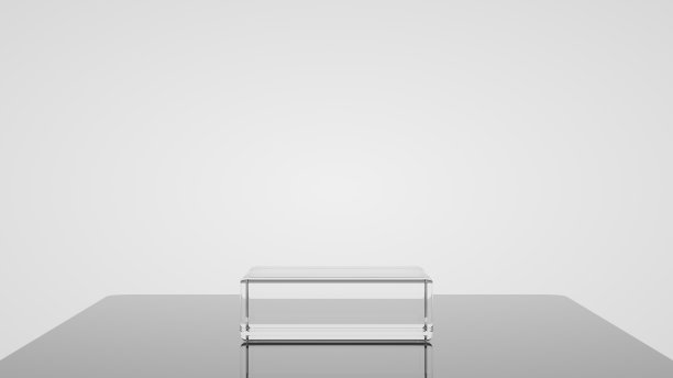3D玻璃讲台包装展示。产品显示与白色塑料纹理和白色背景。三维演示图片下载