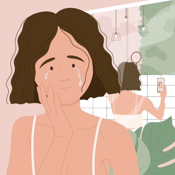 哭泣的女孩透过电话看着镜子里自己的影子。厌食症，身体羞耻感畸形恐惧症，自我憎恨，对外表概念不满。图片下载