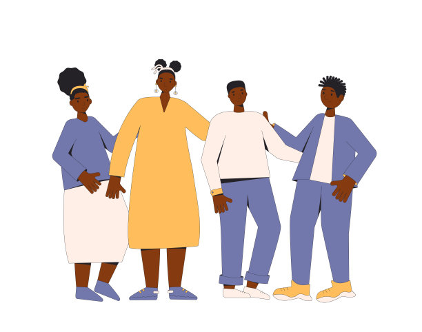 一群非裔美国青少年站在一起。年轻的男女朋友穿着休闲装。男孩和女孩。矢量插图。图片下载