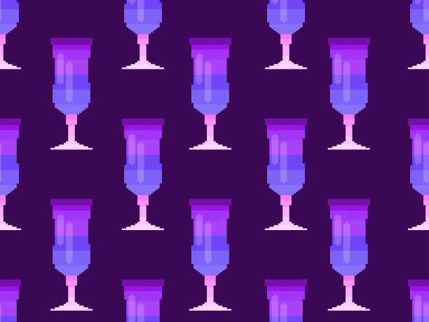 鸡尾酒杯无缝图案。马提尼玻璃像素艺术。90年代电子游戏风格的8位图形。印刷、包装和广告设计。矢量图图片下载