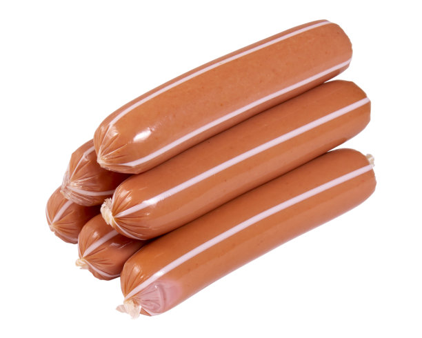 五根装在塑料壳里的香肠折成金字塔状图片下载