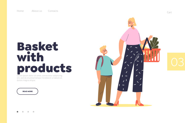 篮子与产品的概念登陆页与年轻的母亲与孩子在超市购买食品杂货图片下载
