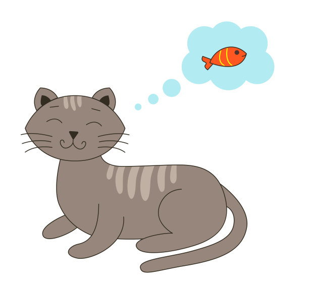 带条纹的可爱猫咪梦想着美味的小鱼图片下载