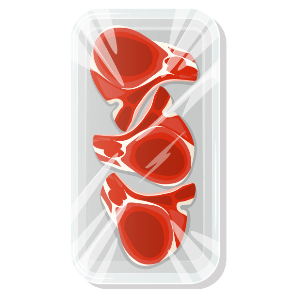 带骨头的牛排。真空包装中的一块肉。塑料托盘里的猪肉和牛肉。矢量插图。图片下载