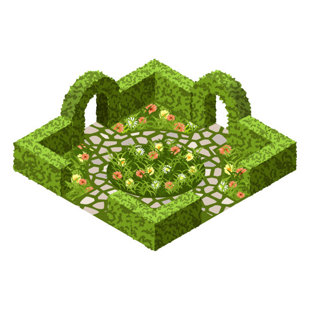 花园向量资产与灌丛，花，草和铺平的步行路图片下载