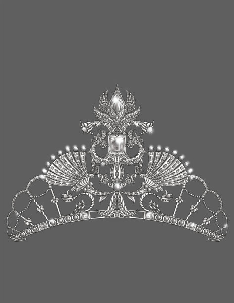 美丽的贵族皇冠与复杂的设计无色线条画。华丽高贵的皇冠与精致的珠宝图案着色书页。图片下载
