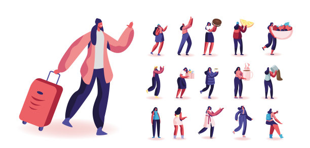 集合女性角色旅行的行李，学生女孩与背包，女人喝茶，买杂货图片下载