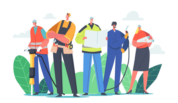 产业工人团队的男性和女性角色。建筑工人，工程师或工头，带工具和蓝图，建筑师图片下载