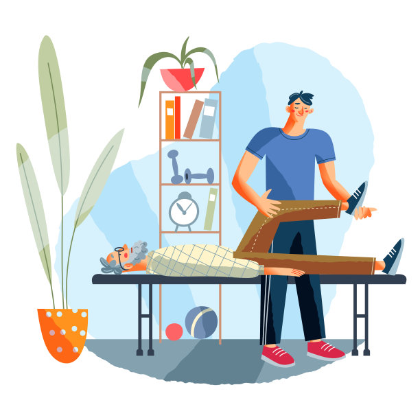 医疗康复和物理治疗中心的老人。在康复做练习，物理治疗矢量插图。治疗师在康复保健中心帮助治疗腿部图片下载